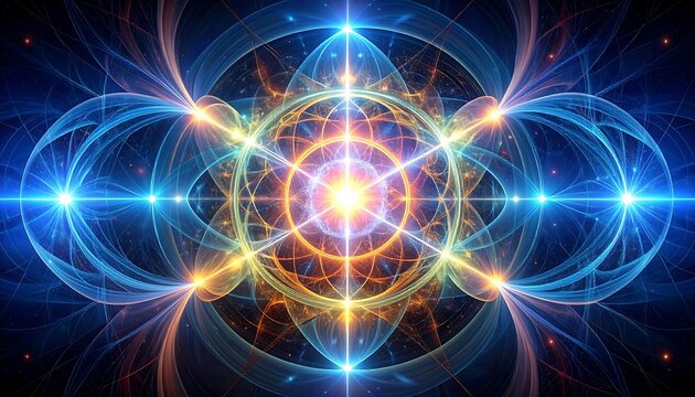 Glowing, intricate fractal pattern with orange, yellow, blue light, resembling a celestial design, against dark