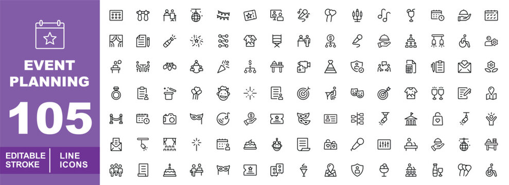 Event Planning Line Icon Set. Calendar, Balloons, Microphone, Champagne, Mask, Cake, Ticket, Ring, Stage, Camera, Speaker, Spotlight, Invitation, Target, Cocktail, Music, Feast, Confetti, Buffet.