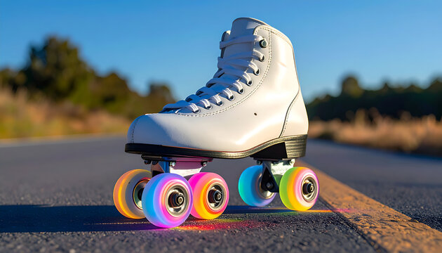 White Roller Skate with Colorful LED Wheels on Asphalt Road.