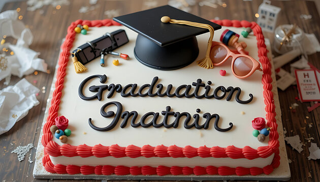 Graduation celebration cake with mortarboard hat and diploma on wooden table