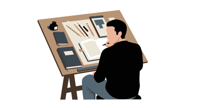 A professional artist working at a drafting table with creative tools and notebooks.