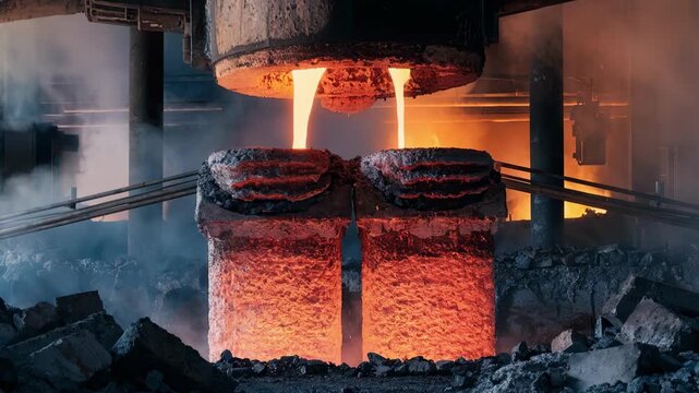 Square billet casting captures the solidifying steel in thick molds highlighting the robust shape formation essential for subsequent heavyduty rolling operations.