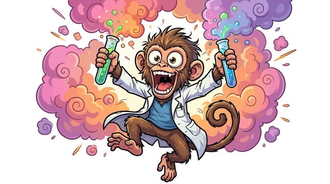 Crazy Monkey Scientist Conducting Colorful Chemical Experiments in Laboratory