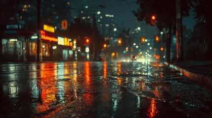 Obraz premium Quiet city street after rain with wet pavement reflecting lights, soft atmospheric cinematic lighting, calm and moody urban scene, realistic reflections, peaceful nighttime ambiance