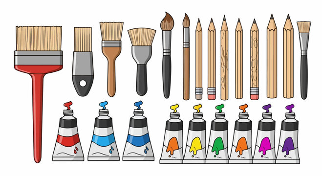 A collection of various artist painting tools including brushes pencils and paint tubes.