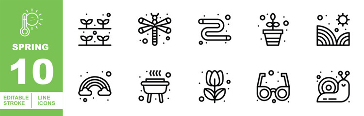 Spring Line Icon Set. Sprout, dragonfly, hose, plant, field, rainbow, grill, tulip, glasses, snail, flower, garden, nature, season, blooming, agriculture, environment, growth, farming, flora. © Catostd