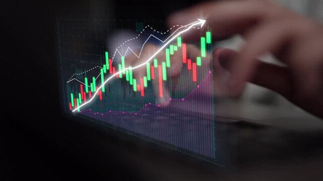 This image showcases financial trading analysis with a candlestick chart and a visible upward trend line, symbolizing successful market strategies and investment growth. Copula