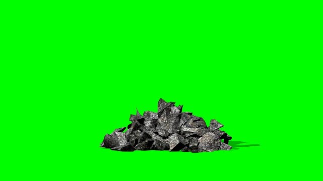 3D simulation of a rock exploding and shattering into pieces on a green screen background, collapsing stone rubble VFX element