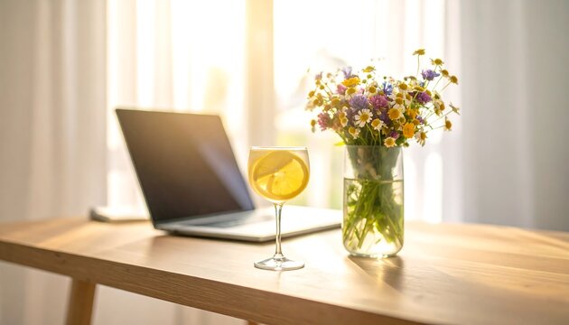 Sunny morning workspace on a wooden table with a wine glass of lemonade, a laptop, and a beautiful chamomile wildflower bouquet