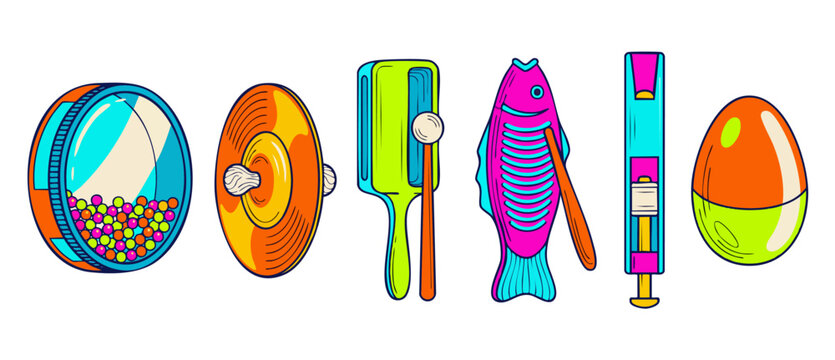 Kids musical percussion instruments set in colorful flat vector design vector illustration, featuring toy tambourine, fish guiro, cymbals, slide whistle, and egg shaker isolated on white background.