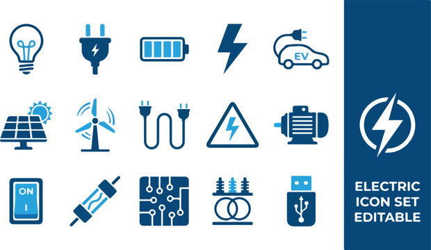 Sustainable energy and electrical power engineering icon set
