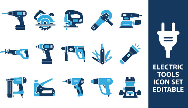 Professional electric tools icon set for construction and diy