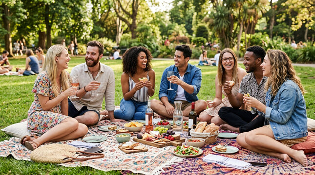 Friends Enjoying Summer Picnic with Wine, Snacks, and Outdoor Relaxation