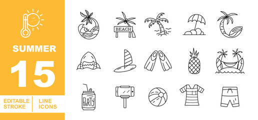 Summer Line Icon Set. Wave, beach, palm, umbrella, island, shark, windsurfing, flippers, pineapple, hammock, drink, monopod, ball, shirt, shorts, vacation, holiday, travel, ocean. © Catostd