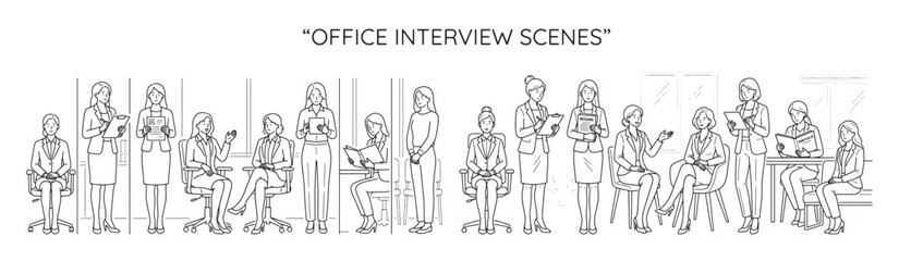 Obraz premium Office Interview Scenes Vector Illustration Set Showing HR Manager and Job Candidate Discussing Resume for Corporate Recruitment Marketing and Business Training Materials