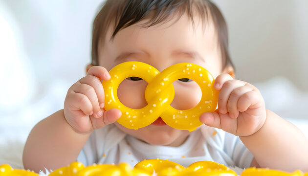 Adorable baby playing with a yellow pretzel-shaped teether toy.