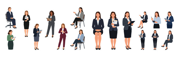 Obraz premium Professional Businesswomen Poses Vector Illustration Set Showing Corporate Executives Presenting and Holding Documents for Company Profiles, HR Campaigns and Marketing Materials