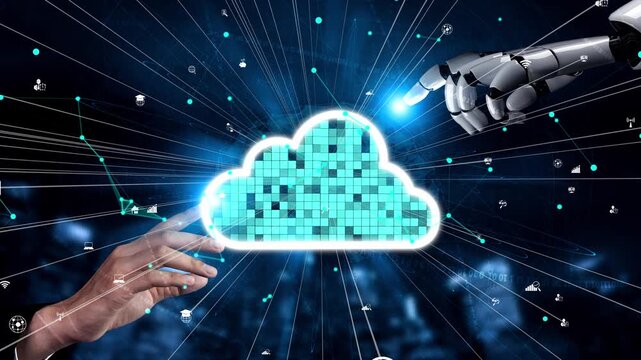 Futuristic representation of digital transformation illustrates a human hand and a robotic hand reaching toward a vibrant cloud symbolizing data storage and connectivity. Xenic