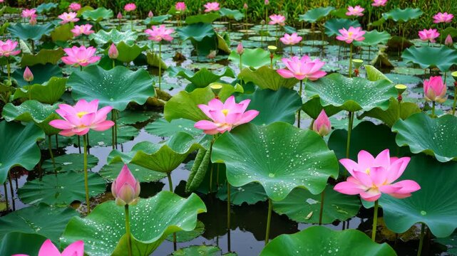 Numerous vibrant pink lotus flowers and buds blooming among large green lily pads with water droplets in a tranquil pond, featuring aquatic plants and natural summer garden scenery.