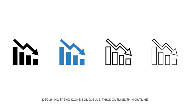 Horizontal row of declining trend icons, solid and outlined, representing downward arrows over bar charts with bold shapes and minimal design.