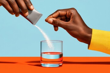 Fototapeta na wymiar Black hands pouring powdered supplement into a glass of water for hydration and wellness