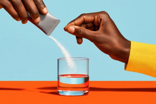 Black hands pouring powdered supplement into a glass of water for hydration and wellness