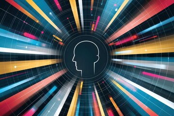 Fototapeta premium Dark abstract technological illustration of human mind silhouette surrounded by radial data streams