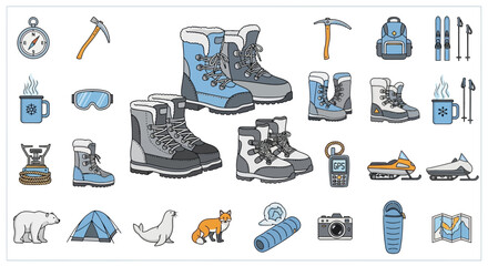 Arctic Adventure Gear Collection: Boots, Skis, Snowmobile, Animals, Compass © heri