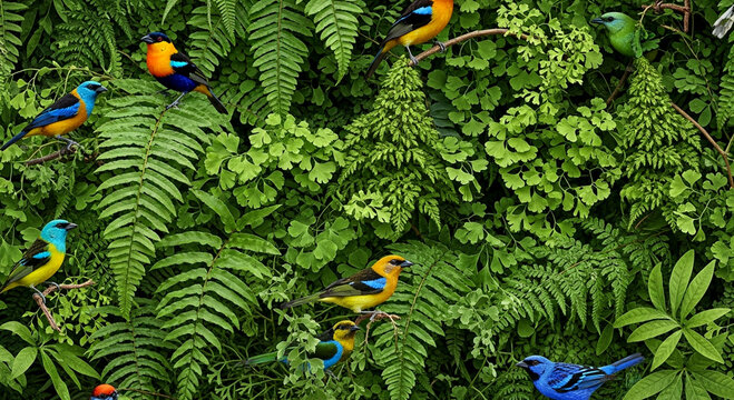 Full frame background of dense jungle ferns and colorful exotic birds in a natural pattern.