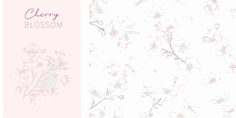 Obraz premium Cherry Blossom Branch Illustration A Delicate Pink And Gray Floral Ornament Pattern sakura flower spring