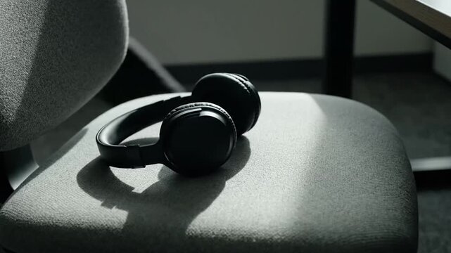 Modern wireless black headphones resting on a soft office chair.