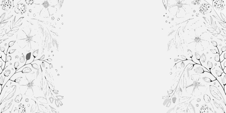 Floral ornament in black and white line art style creating a decorative border arrangement botanical