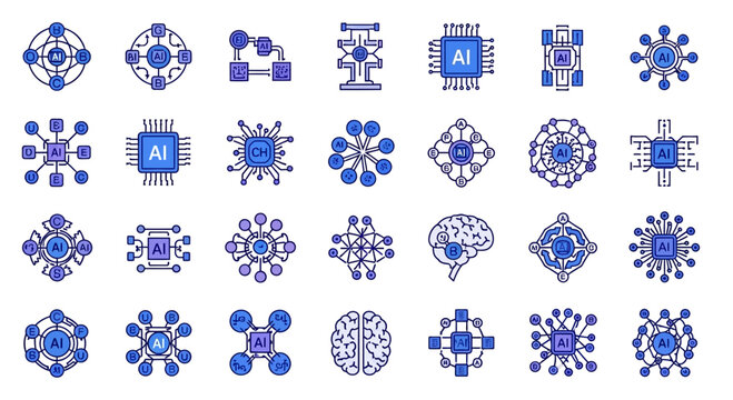 AI Icons Set: Neural Network, Brain, CPU, Algorithm, Technology