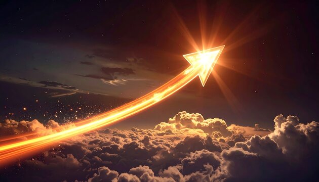 Glowing arrow flies upwards from clouds, emitting light trail into star-filled night sky