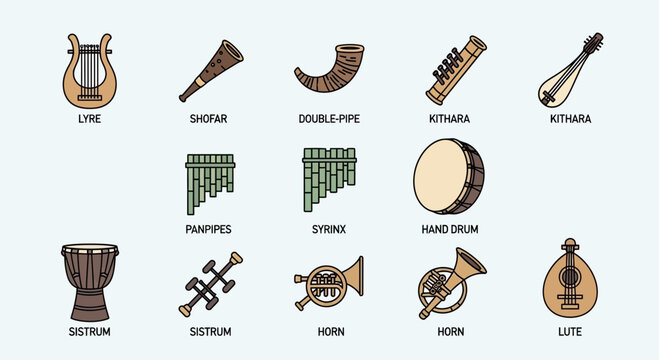 Ancient Musical Instruments Collection: Lyre, Shofar, Kithara, Lute, Horns