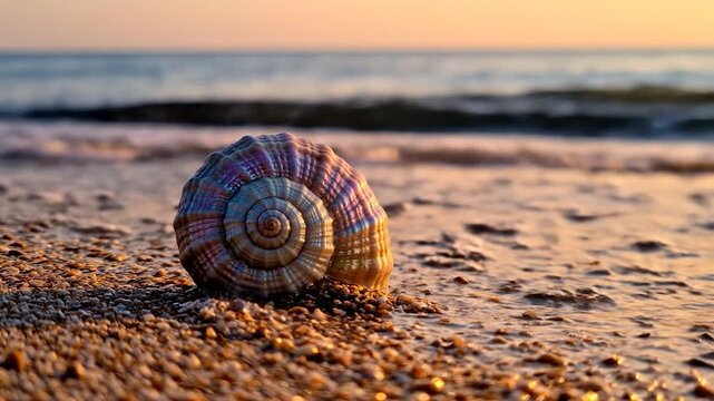 Single spiral seashell on sandy beach at sunset with ocean waves in background