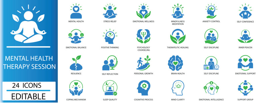 Mental health and therapy session icon set featuring Psychology, Wellness, Care, Medical, Brain, Stress, Relief, Emotion, Meditation and Growth symbols.