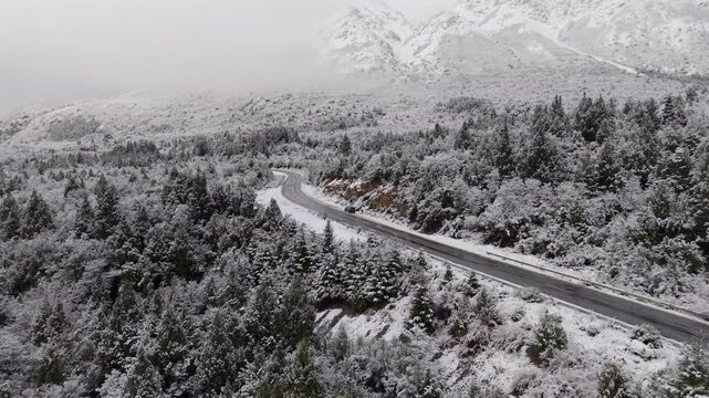 Drone shot of a winding asphalt road cutting through a snow-covered forest in Rio Negro Patagonia.