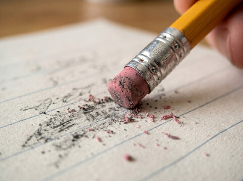 Macro view of pencil pink eraser erasing graphite text on paper