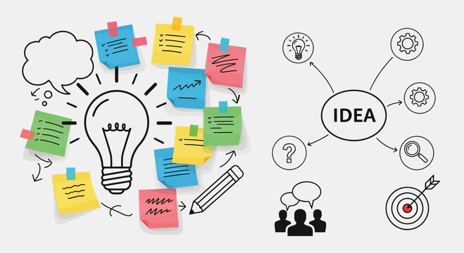 Brainstorming Idea Generation: Lightbulb, Sticky Notes, Mind Map, Pencil, Speech Bubbles
