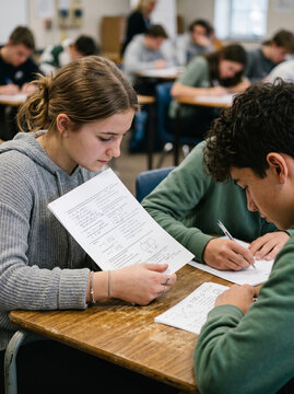 Group of students collaborating on written project at classroom desk