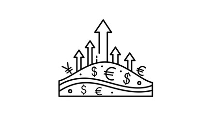 Fototapeta premium Currency Growth Concept: Upward Arrows, Dollar, Euro, Yen Symbols on Abstract Hill