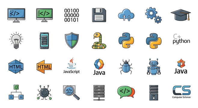 Coding and Programming Icons Set: Technology, Software Development, and Computer Science