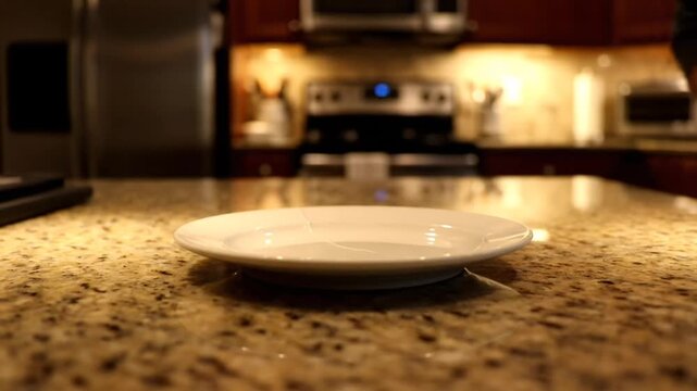 Empty White Ceramic Plate Resting on a Granite Kitchen Countertop.