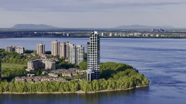 Aerial view of Verdun neighborhood near Ile de Soeur and Lachine Canal in Montreal, Quebec, Canada. g.