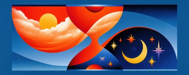 Obraz premium Vibrant stylized hourglass showing day and night with sun, moon and flowing time transition