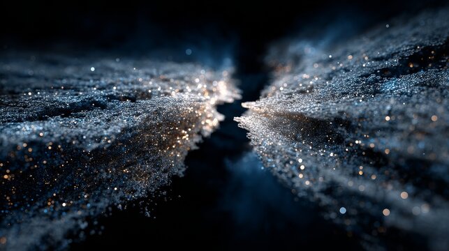 3D digital concept of files splitting in half with a large central crack, dark blue futuristic style, high-tech abstract system visualization, dynamic and immersive digital structure design