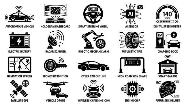 Autonomous Vehicle Technology Icons Set.