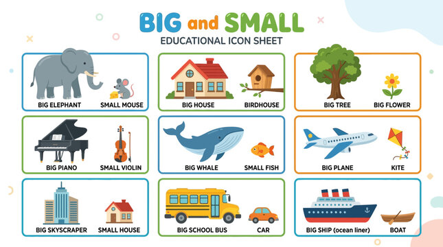 Educational icon sheet displays big and small objects including animals and vehicles