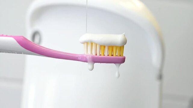 A pink toothbrush with white toothpaste being rinsed under a stream of water